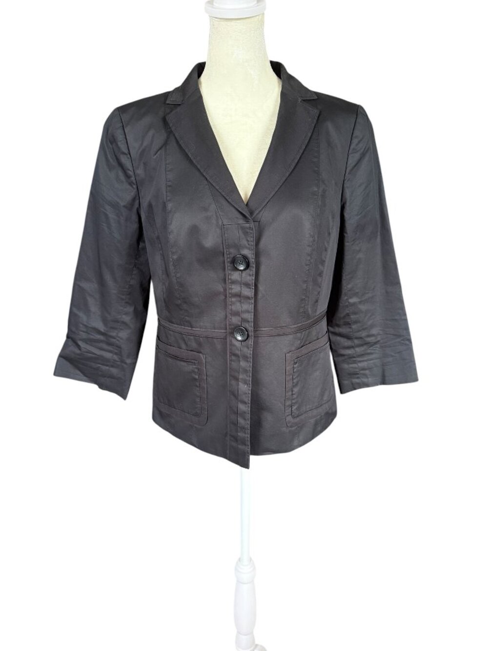 Ann Taylor women's black 3/4 sleeve button down collared blazer jacket size 6